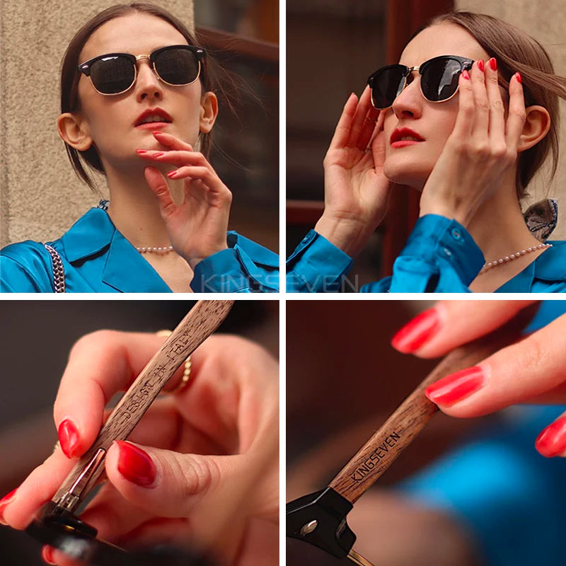 Model # x5516 Women's Walnut Wooden Semi-Rimless Retro Oculos Polarized UV400